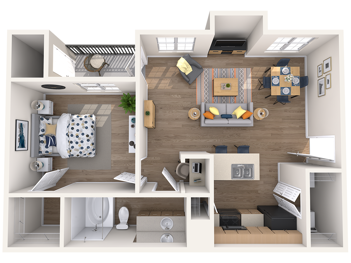 Floor plan for 1 bed, 1 bath, 699 sqft